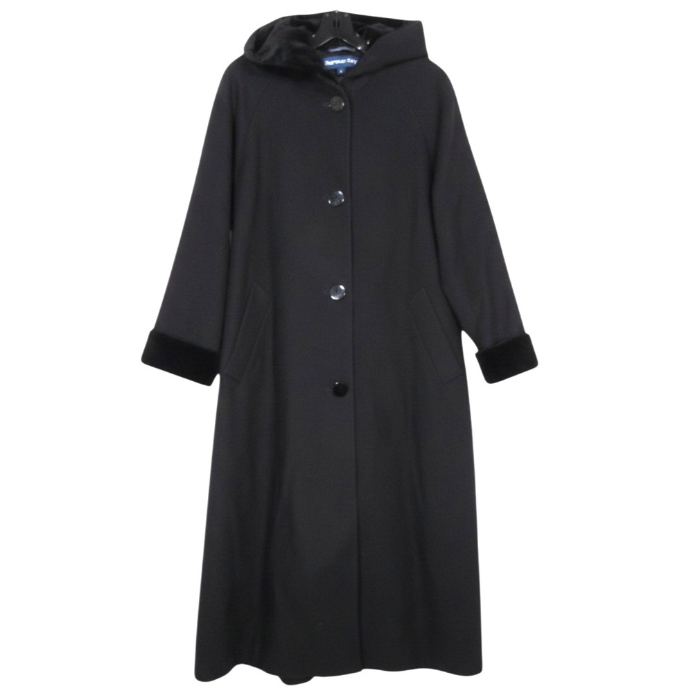 VTG HERMAN KAY Black WOOL Velour Trim BUTTON-UP Hooded OVERCOAT Jacket Coat 8